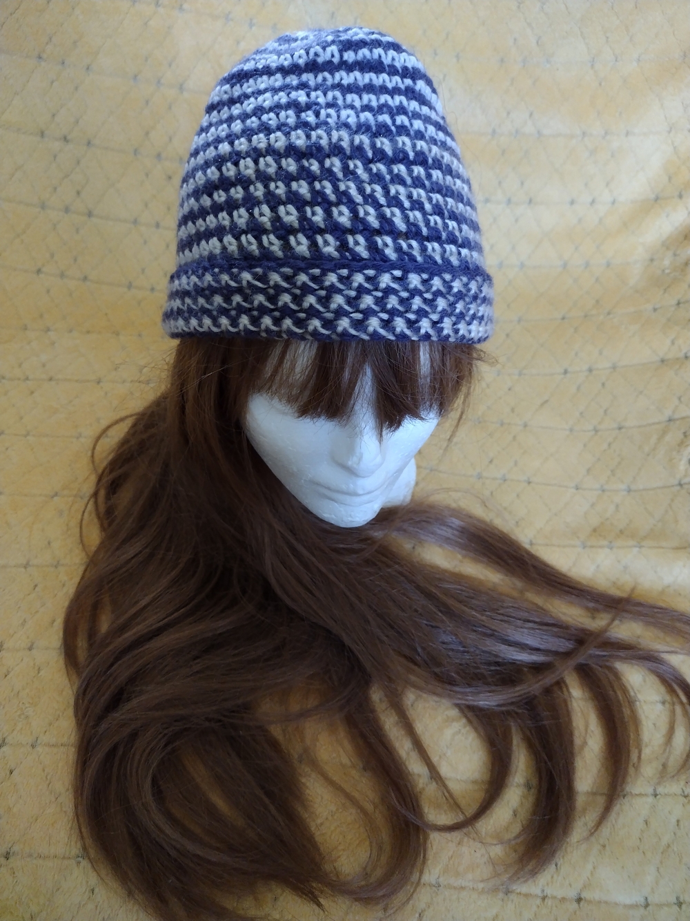 Handmade Purple, Tan and White Knit Beanie - Women's Winter Hat